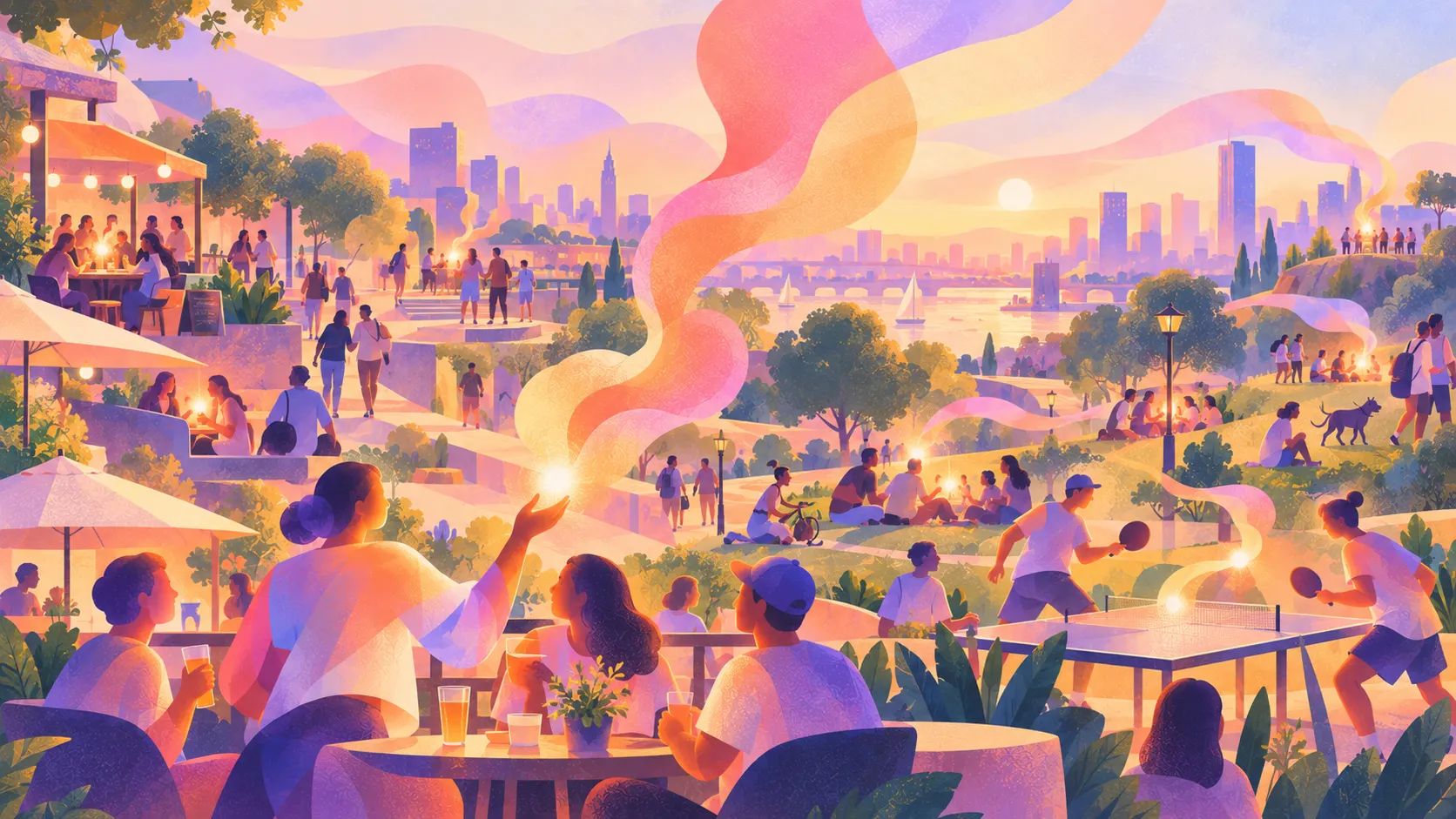 a park by the river at sunset, small groups of friends around little lights